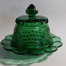 VERY RARE, Early Mosser Glass 'Grape and Cable' Emerald Green Round Covered Butter Dish