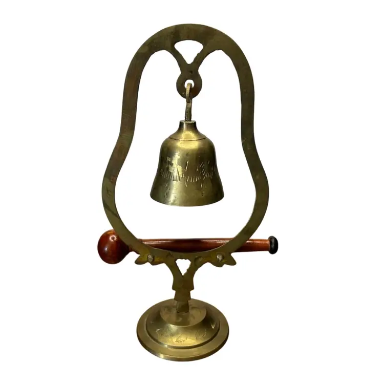 Vintage Brass Bell Gong Set Engraving And Patina On Bell With Wooden Striker 
@8 1/2” Tall