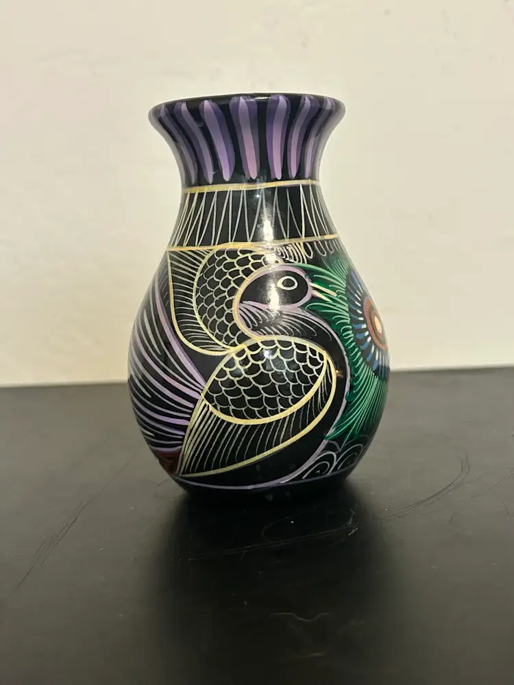 Talavera Pottery Mexican Folk Art Hand Painted 5” Bud Base Colorful Bird