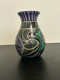 Talavera Pottery Mexican Folk Art Hand Painted 5” Bud Base Colorful Bird