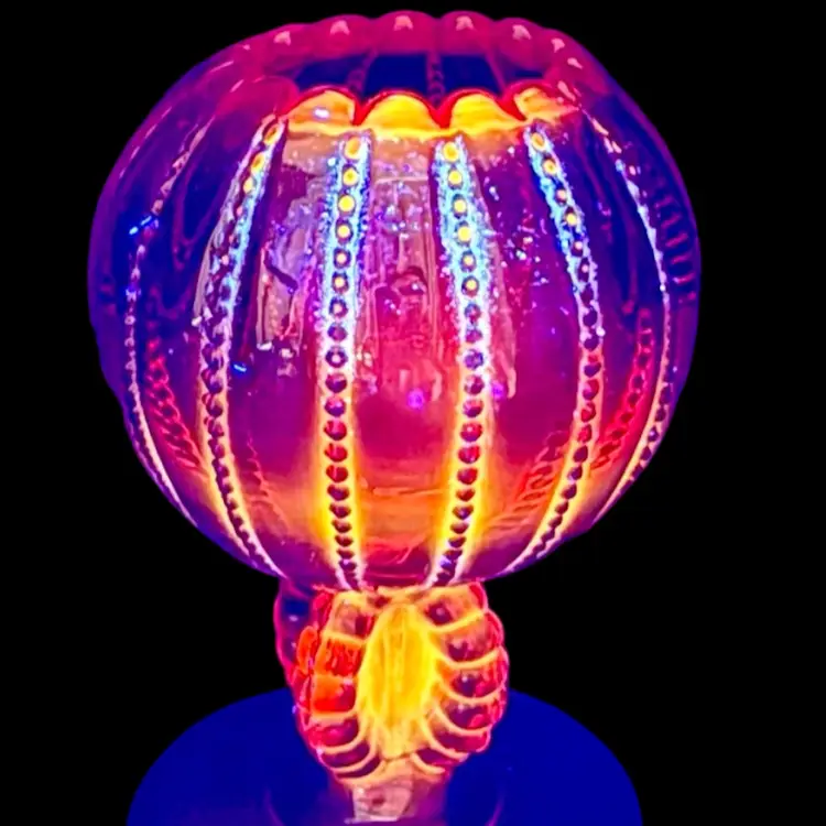 Northwood? Ruby Red Beaded Panel Pedestal Vase/Tea Light Scalloped Edge UV Glow!