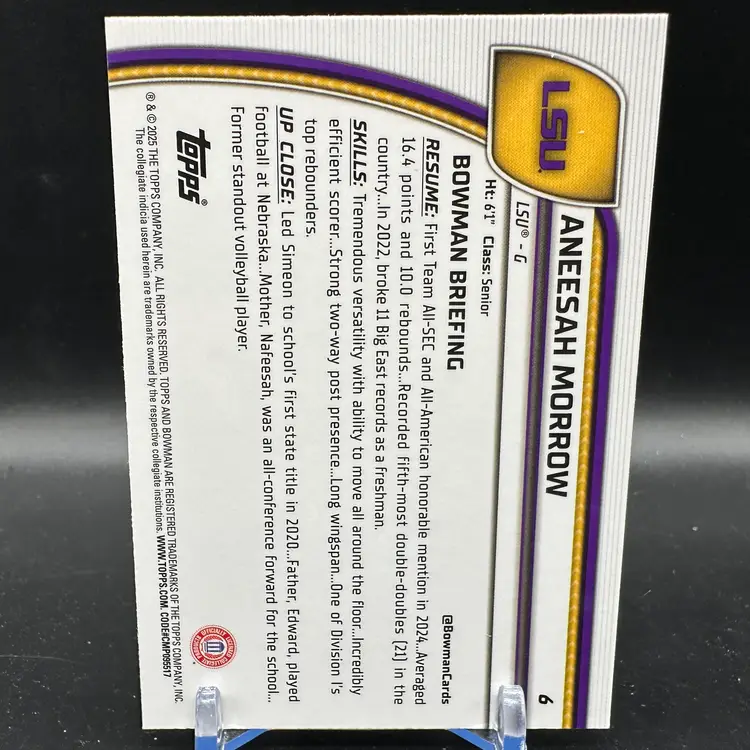 Aneesah Morrow Purple /100 2024-25 Bowman Chrome U University Sapphire #6 LSU