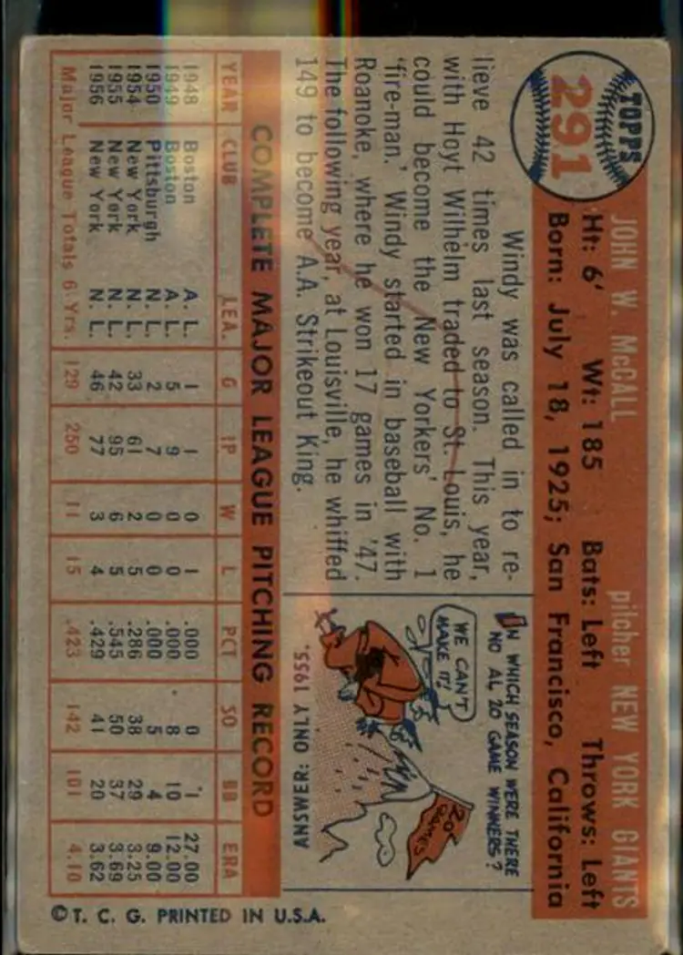 1957 Topps #291 Windy McCall - ( pk1 ) - New York Giants