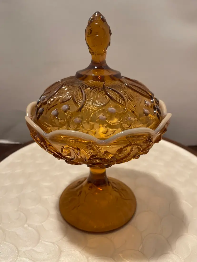 Fenton Cameo Opalescent Lily Of The Valley Lidded Pedestal Candy Dish