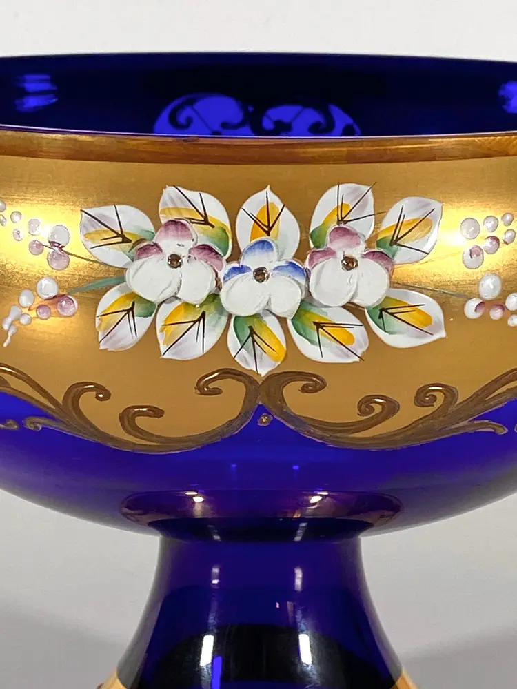 VTG Boho Glass Cobalt Blue Bowl by Bohemia Glass Czech Republic 24K Susal Gold