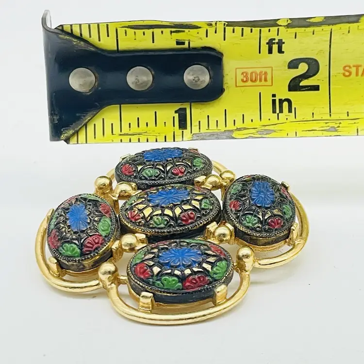 SARAH COVENTRY Light Of The East Brooch Gold Tone Enameled Floral Vintage Pin 11918