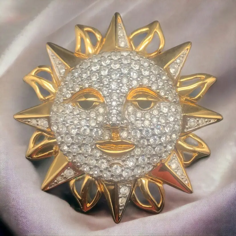 Swarovski Brooch Pin Sun Pave Crystal Gold Plated 2.25" - Retired