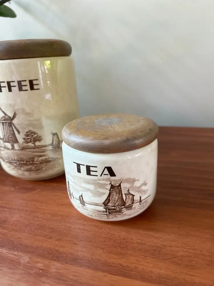 Vintage Made In Germany Windmill Coffee Tea Canister Set Wood Top