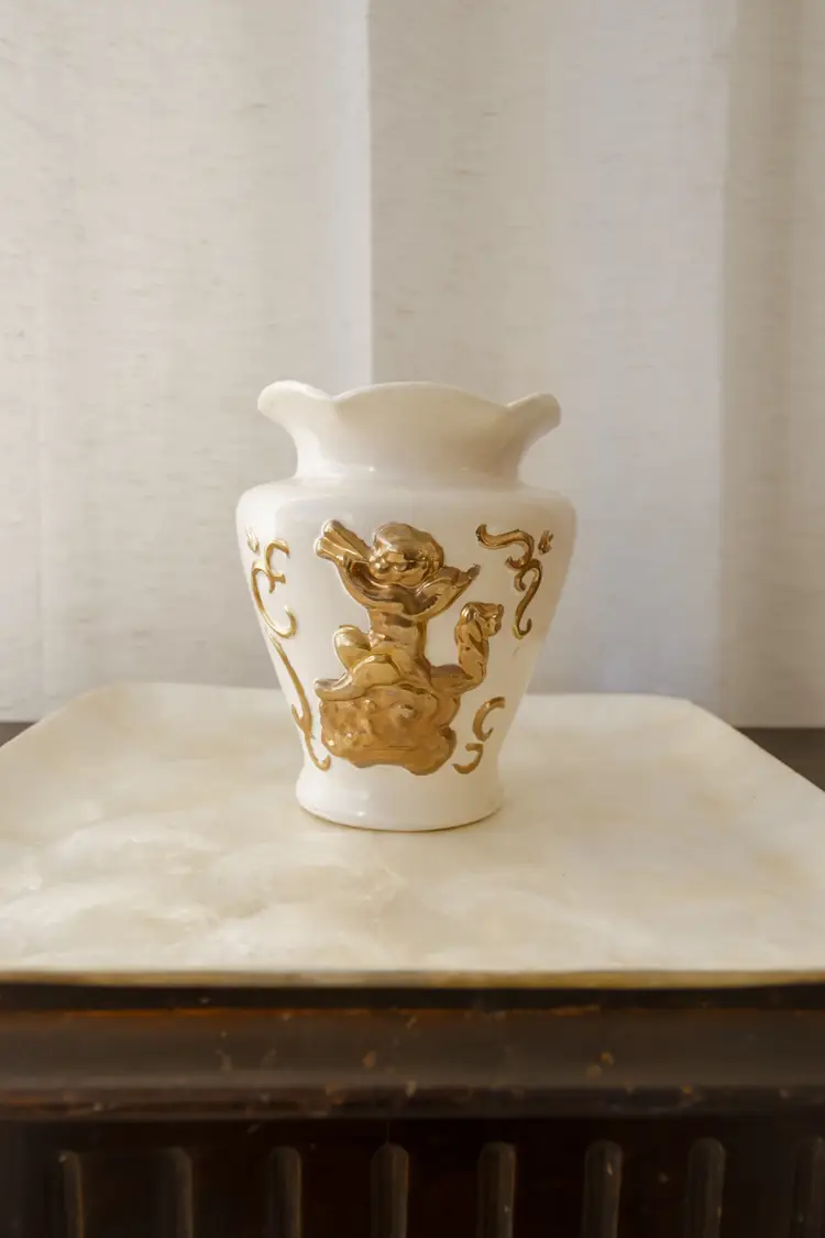 Vintage Gilded Ivory Ceramic Cherub Vase with Gold Accents White Porcelain Angel