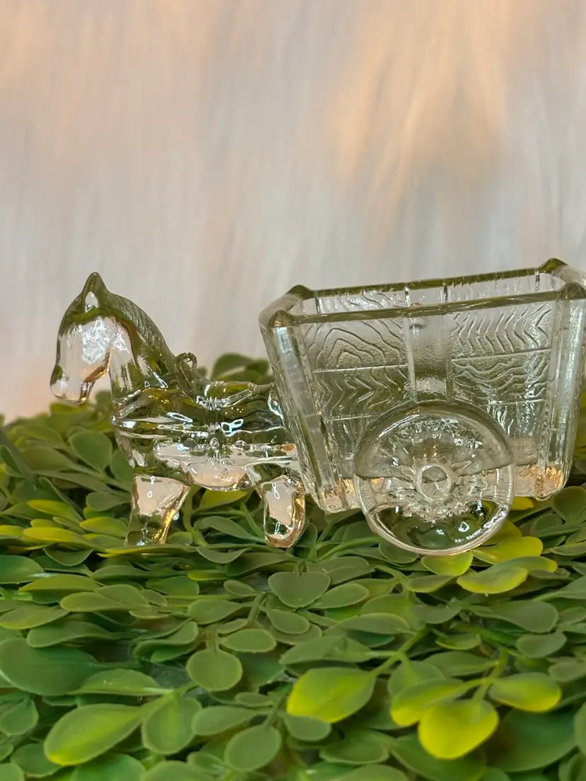 Vintage Glass Donkey Pulling Cart Toothpick Candy Holder Planter Clear Pressed Glass
