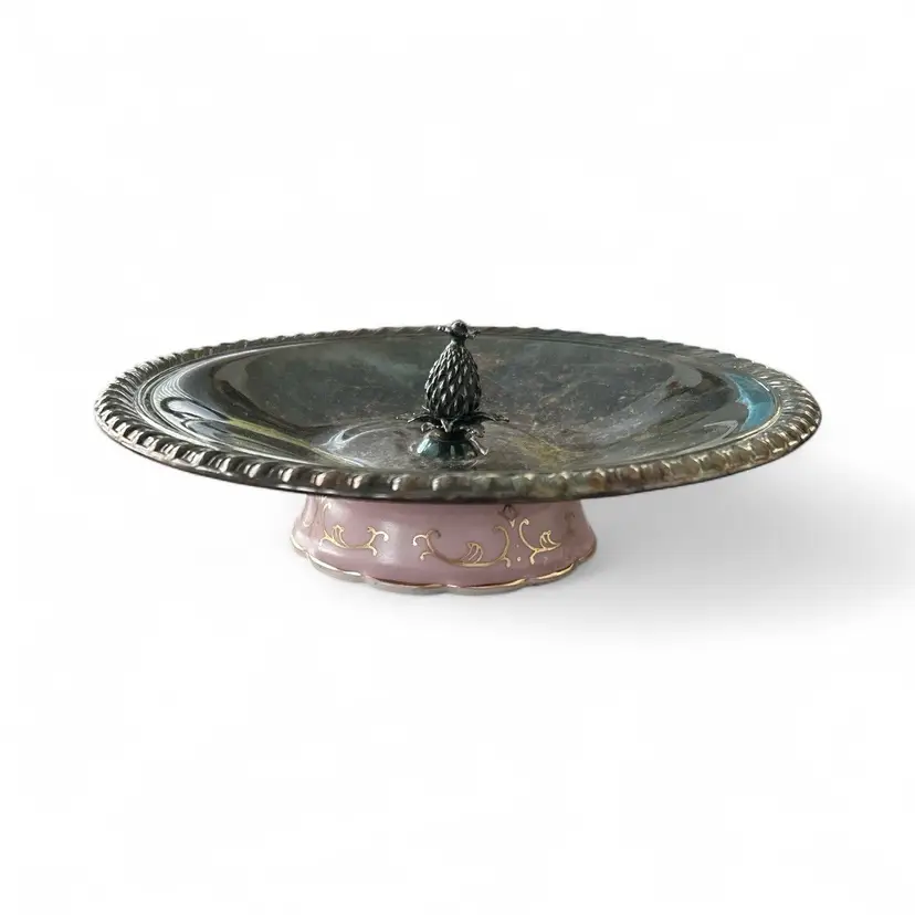 Vintage Silver Plate Pedestal Dish With Pink And Gold Ceramic Base