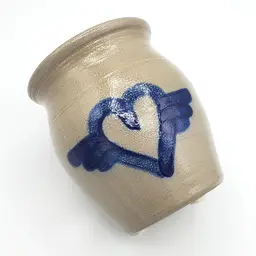 #89 Vintage Beaumont Brothers Pottery Stoneware Salt Glazed Crock with Blue Heart and Wings Design, BBP 5" 1995