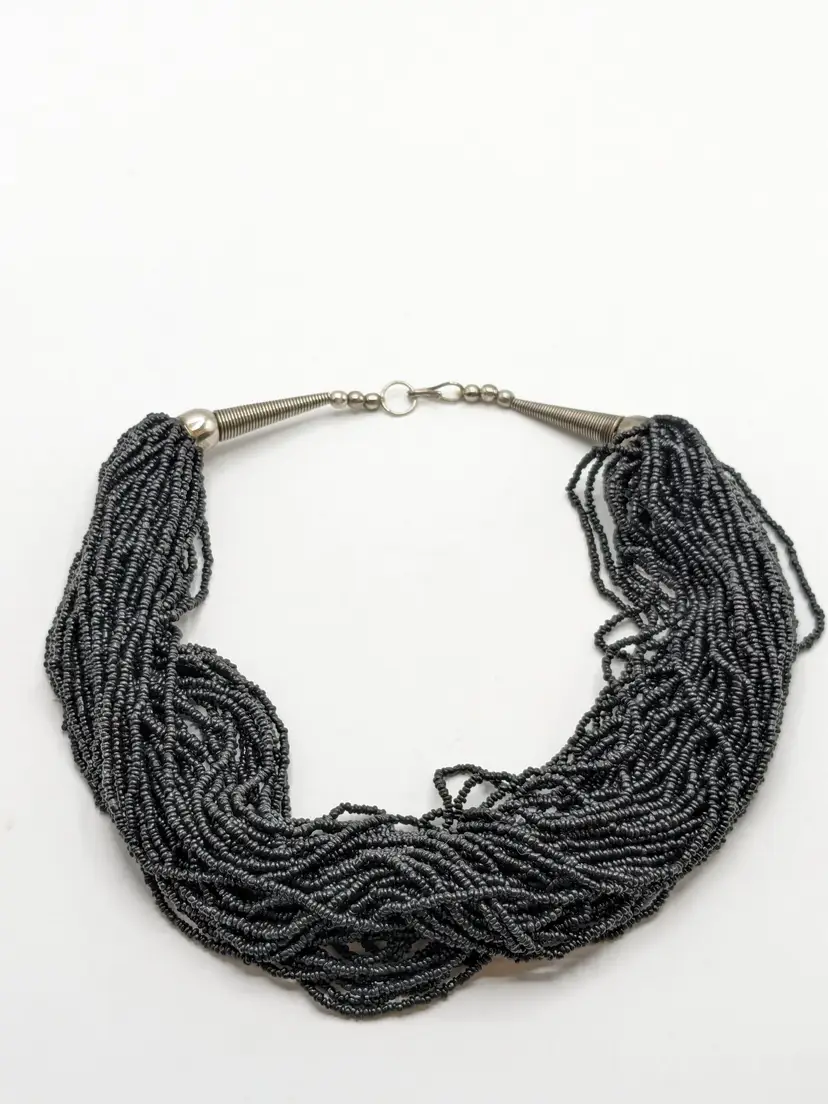 Black Multi Strand Seed Bead Statement Necklace Silver Tone Clasp