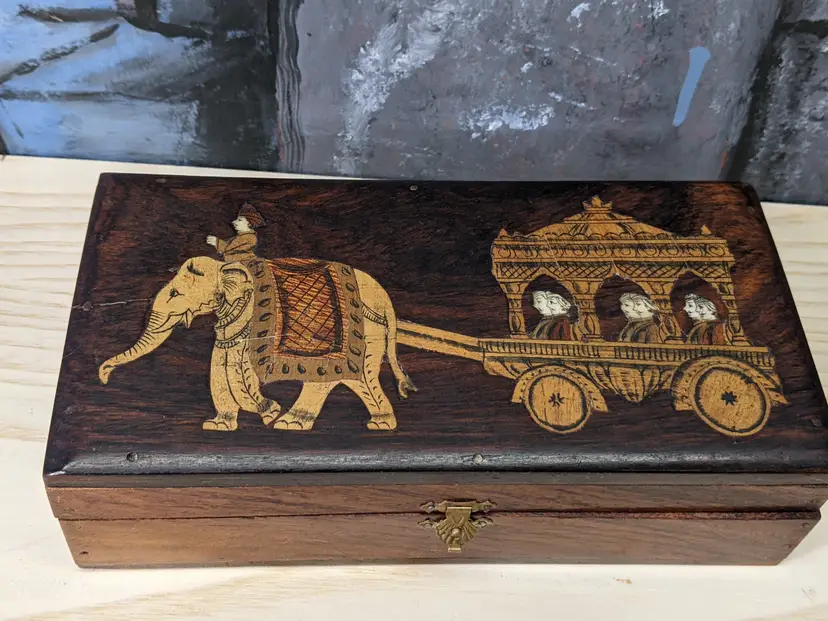 Vintage Wooden Trinket Jewelry Box Elephant Pulling Royal Carriage inlaid Storage Stash 8in Heavy Wood Bohemian India