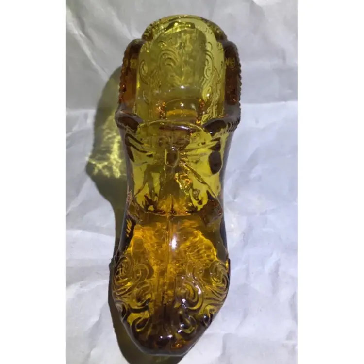 Mosser Honey Gold Art Glass Shoe Vine Lattice Bow Mini Princess Slipper VTG /101