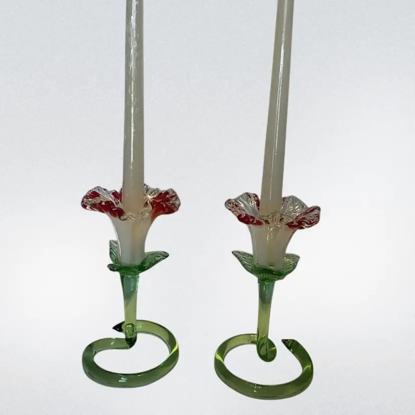 Pair of Art Glass Red & White Flower Taper Candle Holders Coiled Stem