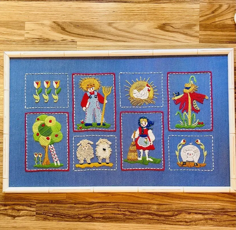 Vintage Framed Crewel Artwork Farm Scene Paragon Country Denim Animals 18 x 28