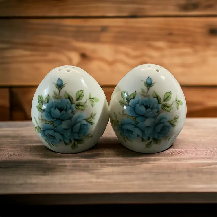 Sandford Fine Bone China Egg Salt & Pepper Shakers England Blue Flowers No Plugs