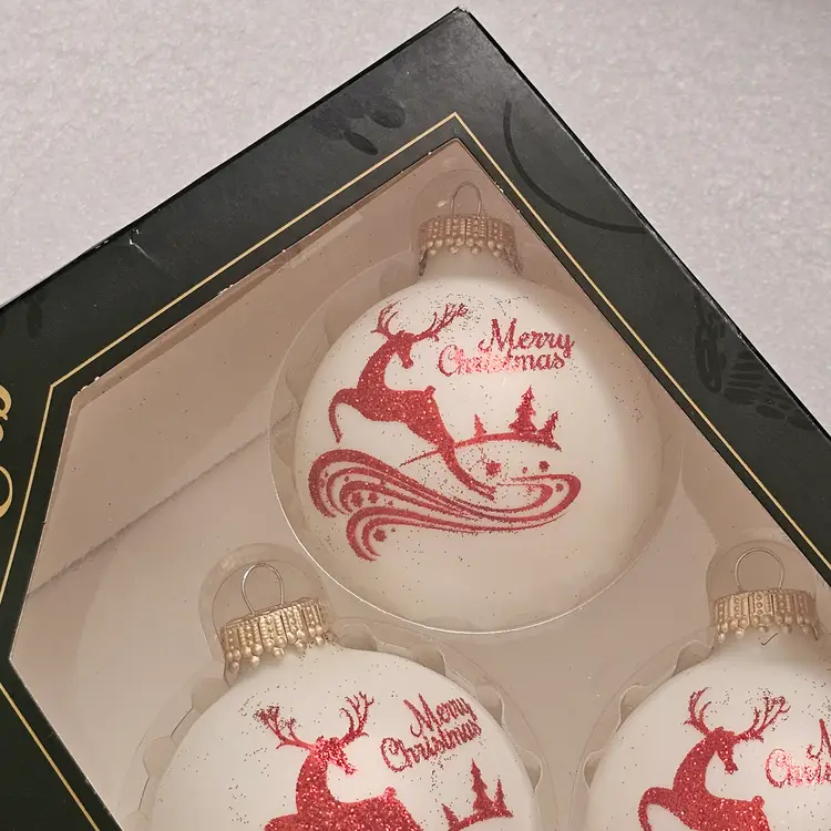 Krebs Christmas Ornament Set 4 White Red Glitter Merry Christmas Design Glass