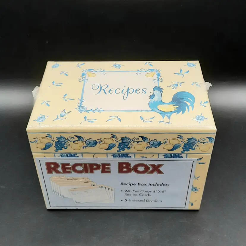 Vintage Recipe Box with Recipe Cards & Index Dividers Yellow and Blue Fruit Rooster 2002 Martin Designs Sealed New Old Stock