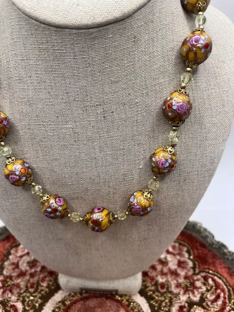 Italian venetian Murano Yellow Pink Blue wedding cake art glass necklace