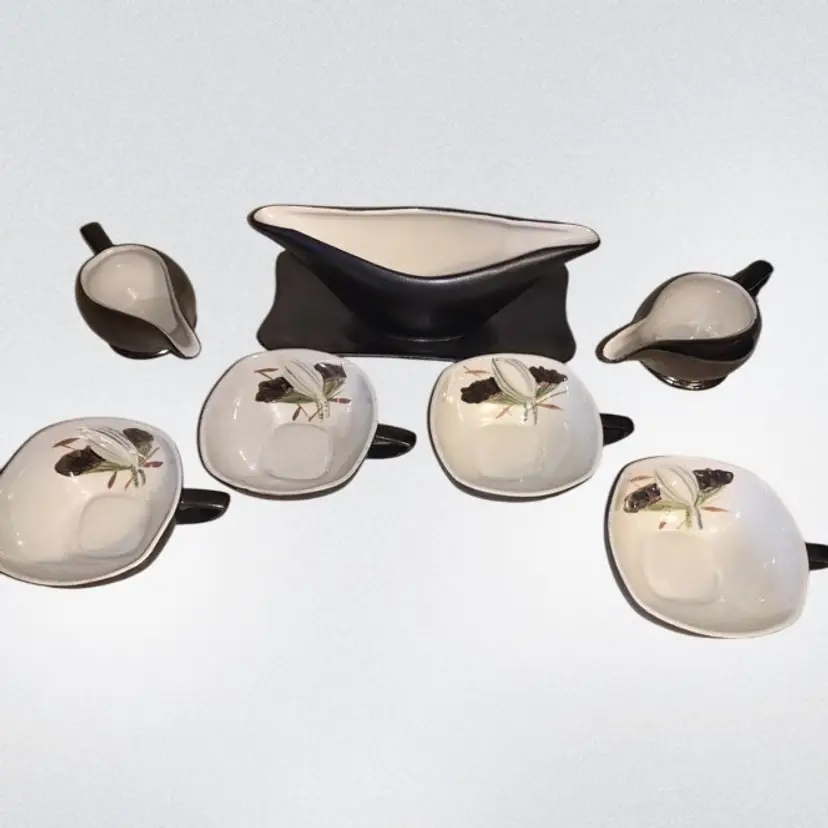 RED WING POTTERY LOTUS BRONZE SET OF 4 CUPS 2 POURERS GRAVY BOAT