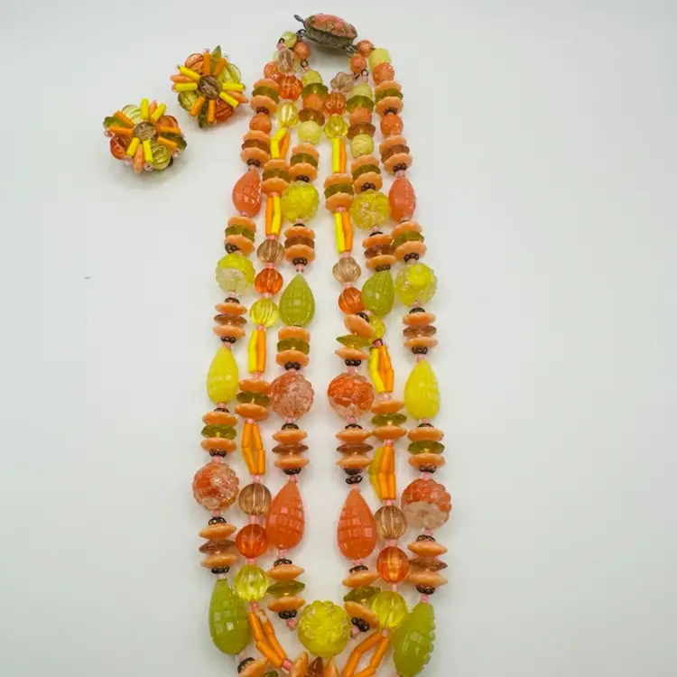 Vintage West Germany Textured Beaded Necklace And Earrings