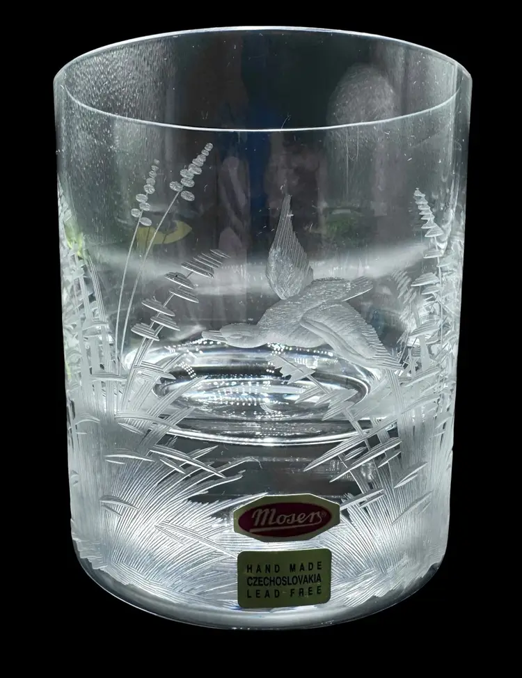 Set of 3 Moser Crystal Double Old Fashioned Glass Etched Game Bird Duck Pheasant