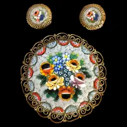 Micro Mosaic Floral Brooch And Clip On Earring Set 2”