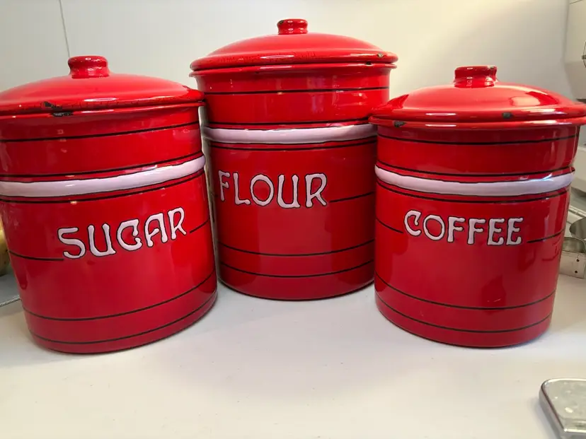 New Red Enameled Flour, Sugar, Coffee Canister Set by Creative Co