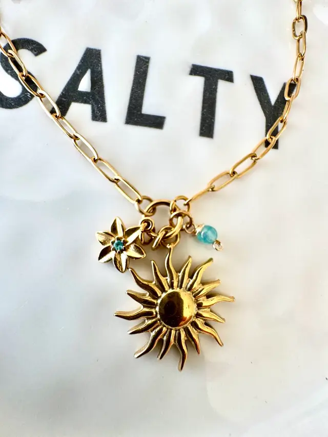 Gold Sun And Aqua Blue Flower WithCZ Accents Charm Necklace # 167