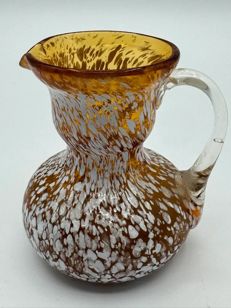 Vintage Hand Blown Art Glass Small Pitcher Amber White Splatterware As Is