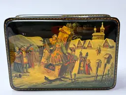 Vintage Russian Lacquer Box Fairy Tale Man Woman on Hearth Fox Village Scene