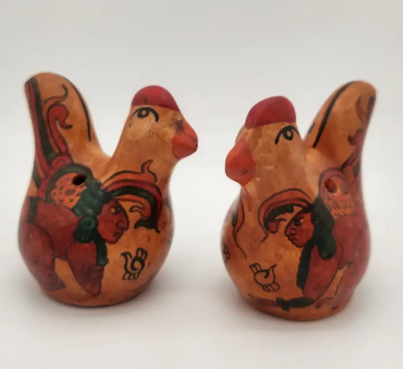 A Pair Of Mexican Colorful Tonala Burnished Ceramic Chickens Hanging Decoration