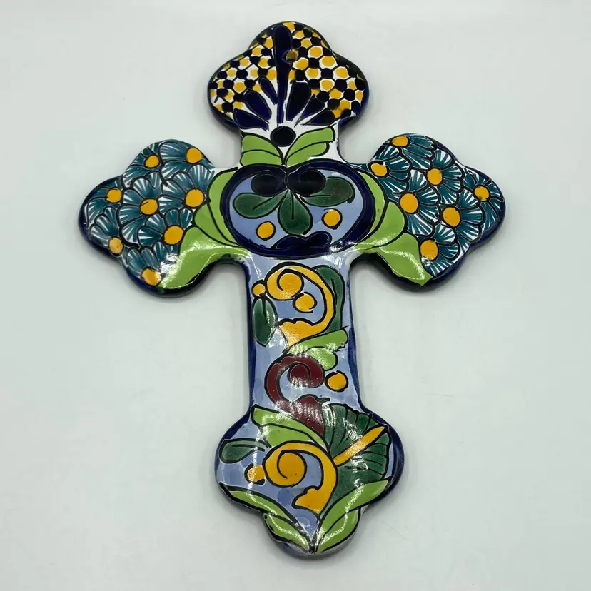 Talavera Dolores Hidalgo Pottery Wall Cross Colorful Mexico Hand-Painted 11.25"