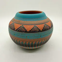 Susie Charlie Navajo Dine Pottery Etched Vase Bowl Teal Terracotta Signed 3x4”