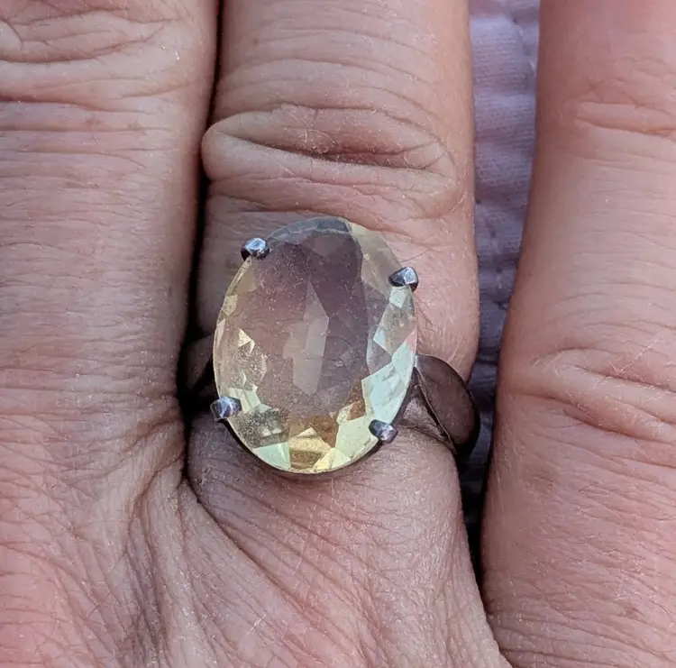 Vintage Sterling Silver Ring with Oval Pale Yellow Stone, Likely Topaz, Size