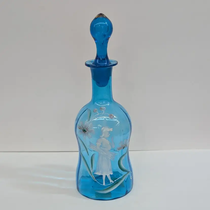 Vintage Mary Gregory Flowers & Girl Brilliant Blue Glass Decanter with Stopper