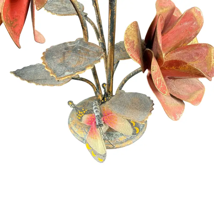 Toleware Flower Butterfly Roses Candle Holder