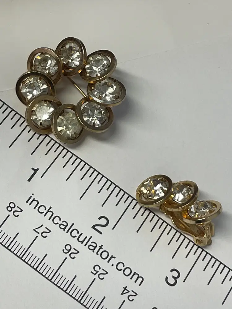 Vintage Judy Lee "Celeste" Clear Rhinestone Brooch & Clip-On Earrings
