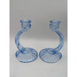 Vintage CAMBRIDGE CAPRICE blue glass candle holder candlesticks beach shell Deco