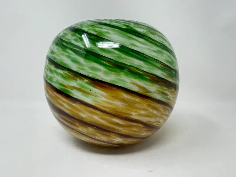 Hand Blown Cased Round Art Glass Green & Brown Amber Swirls 