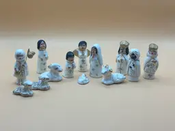 Very Small Miniature Mexican Nativity Set Hand Painted Clay Pottery 13 Pieces