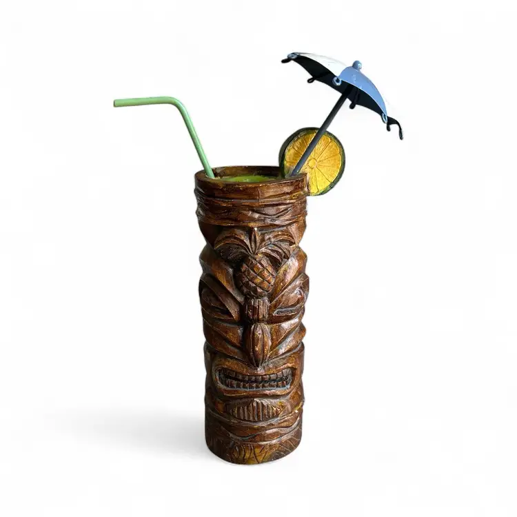 Wood Carved Tiki Man Candle Holder With Metal Straw And Umbrella