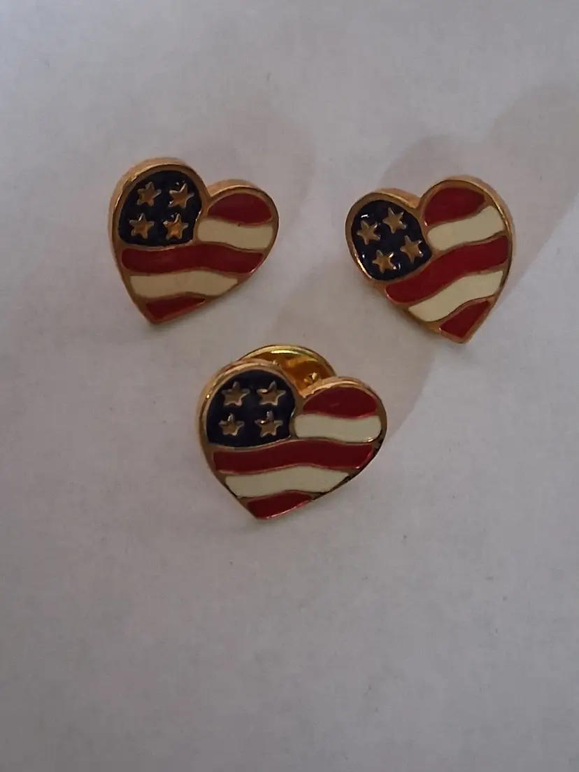 Vintage AVON American Flag Heart Shaped Earrings and Pin