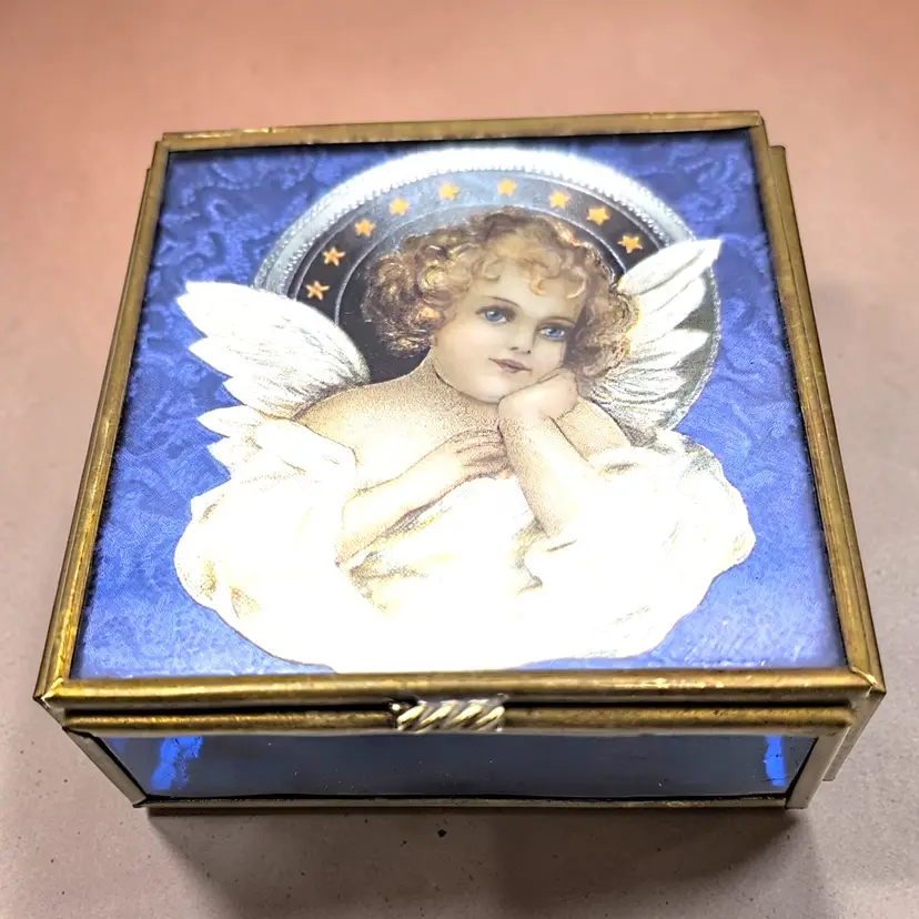 Angel Cherub Mirror Trinket Box Vtg 1993 Thomas Cathey Collection Square Foil