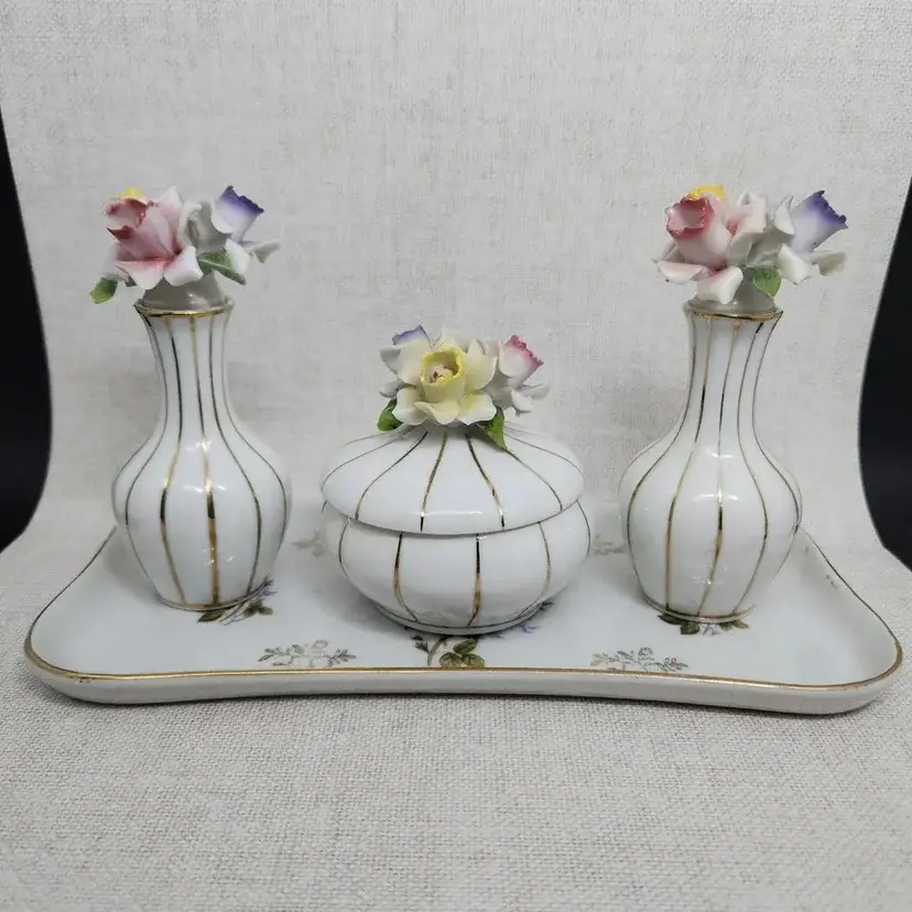 Vintage American Crystal Porcelain Perfume Bottles, Powder Jar with Underplate
