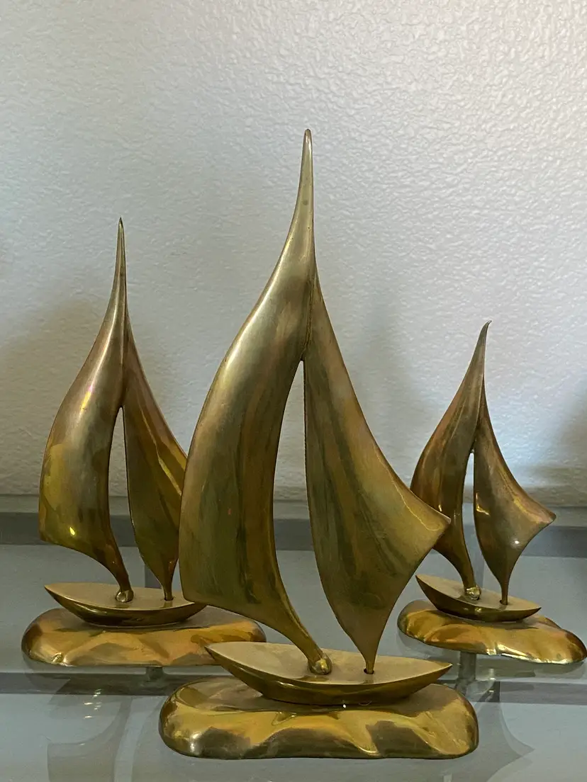 3 Brass Enesco Sailboats, 11.5", 9.5", 7.5"