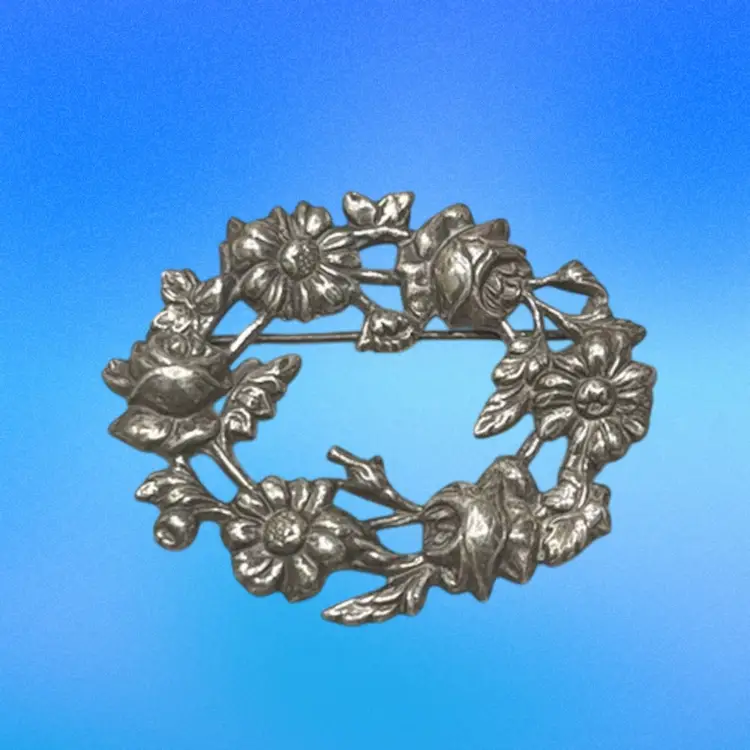 Antique 1920’s Silver Plated Repousse Floral Wreath Brooch, 1.83”