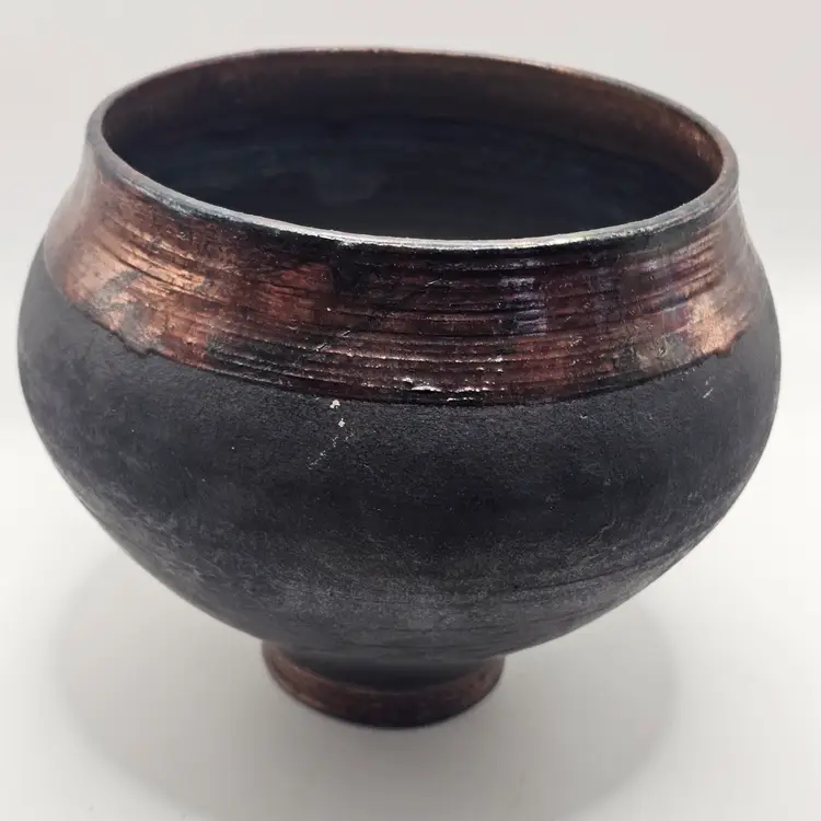 Raku pottery bowl with copper Overlay signed 6.5"